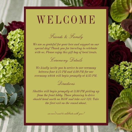 Elegant Chartreuse Burgundy Wedding Welcome プログラム