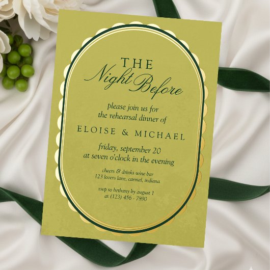 Elegant Chartreuse Scalloped Oval Rehearsal Dinner 箔招待状