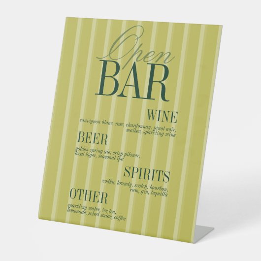 Elegant Chartreuse Stripe Open Bar Menu Wedding 台座サイン (正面)