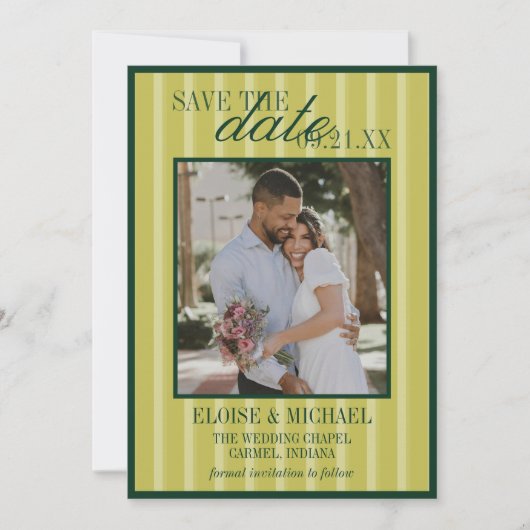 Elegant Chartreuse Stripe Pattern Photo Wedding 招待状 (正面)
