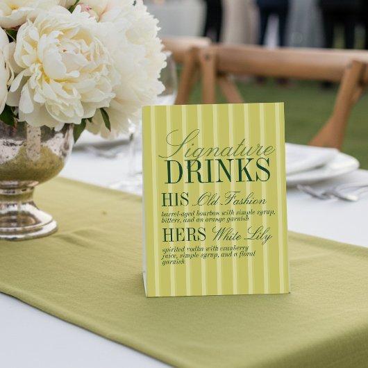 Elegant Chartreuse Stripe Signature Drinks Wedding 台座サイン