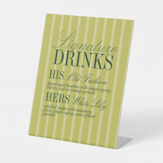 Elegant Chartreuse Stripe Signature Drinks Wedding 台座サイン (正面)