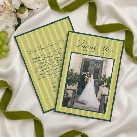 Elegant Chartreuse Stripe Wedding Thank You Card サンキューカード