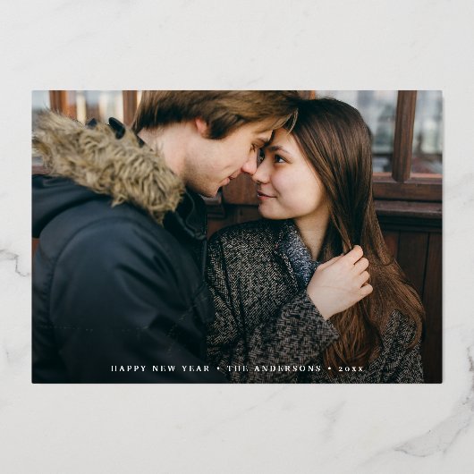 Elegant Cheer Script Photo New Year 箔シーズンカード (正面)