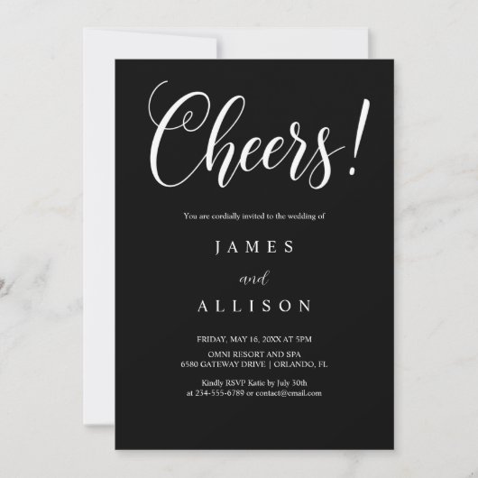 Elegant Cheers Script Black Wedding Invitation 招待状 (正面)