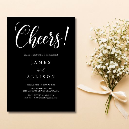 Elegant Cheers Script Black Wedding Invitation 招待状