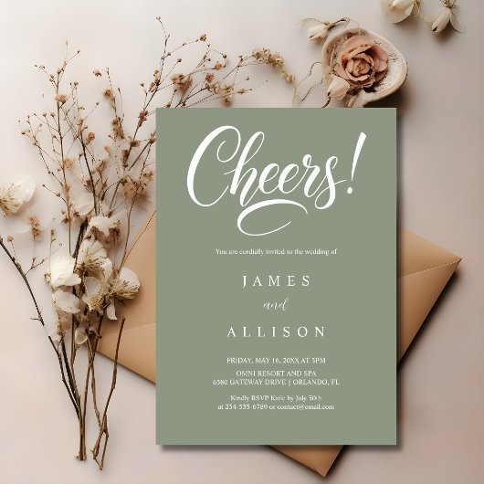 Elegant Cheers Script Sage Green Wedding  招待状