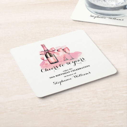 Elegant Cheers to 50 years Champagne 50th Birthday スクエアペーパーコースター (アングル)