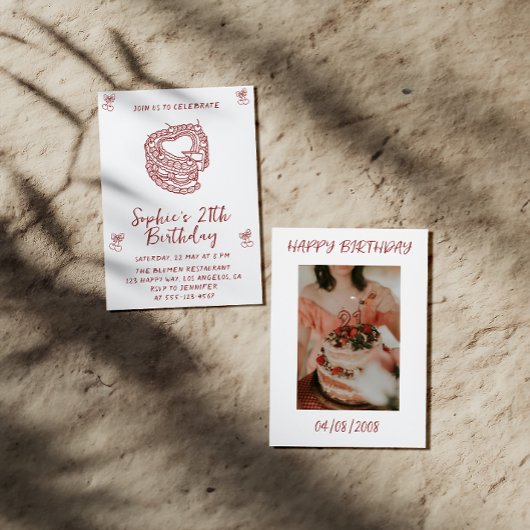 Elegant Cherry Birthday Invitation with Heart Cake 招待状
