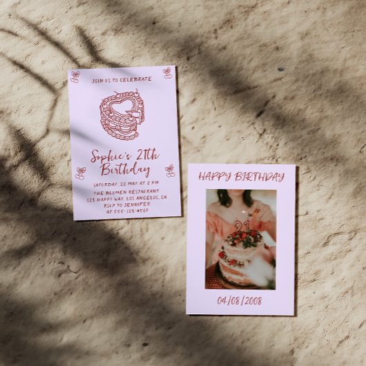 Elegant Cherry Birthday Invitation with Heart Cake 招待状