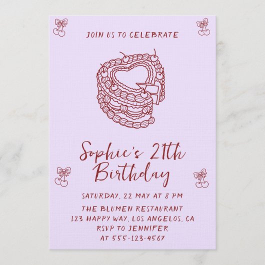 Elegant Cherry Birthday Invitation with Heart Cake 招待状 (正面)