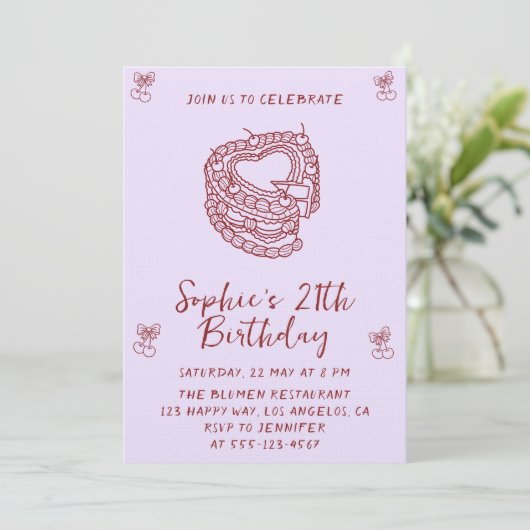 Elegant Cherry Birthday Invitation with Heart Cake 招待状 (スタンド正面)