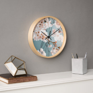 Elegant Cherry Blossom Wall Clock with Natural Woo 壁時計
