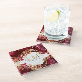 Elegant Cherry Red & Gold Monogram Script ガラスコースター