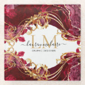 Elegant Cherry Red & Gold Monogram Script ガラスコースター (正面)