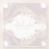 Elegant Cherry Red & Gold Monogram Script ガラスコースター (裏面)