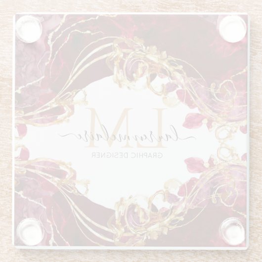 Elegant Cherry Red & Gold Monogram Script ガラスコースター (裏面)
