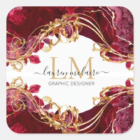 Elegant Cherry Red & Gold Monogram Script  スクエアシール (正面)