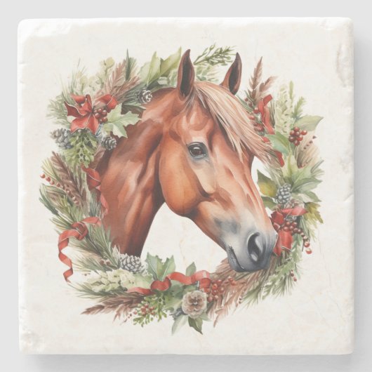 Elegant Chestnut Horse Christmas Holiday Wreath  ストーンコースター (正面)