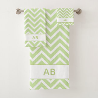 Elegant Chevron Pattern & Monogram on Sage Green バスタオルセット