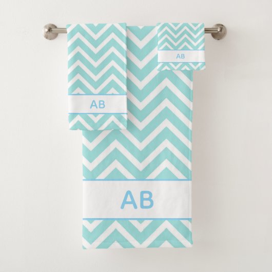Elegant Chevron Pattern & Monogram on Turquoise バスタオルセット (インサイチュ)