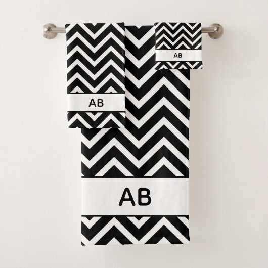 Elegant Chevron Pattern on Black White Monogrammed バスタオルセット (インサイチュ)