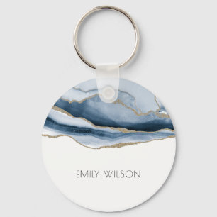 Elegant Chic Abstract Agate Blue Gold Watercolor キーホルダー