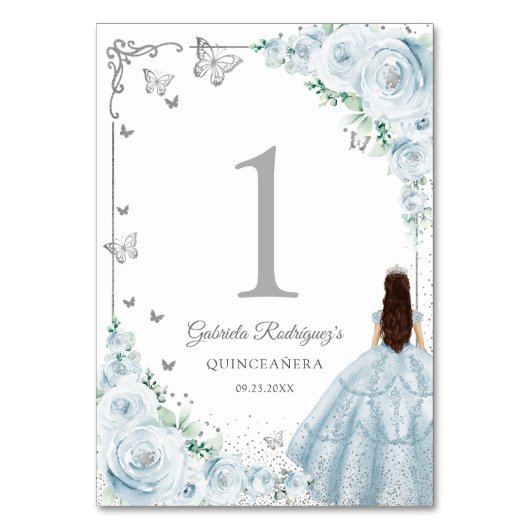 Elegant Chic Baby Blue Roses Silver Quinceanera テーブルナンバー (正面)