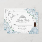 Elegant Chic Baby Blue Silver Quinceanera Reply 出欠カード (正面/裏面)