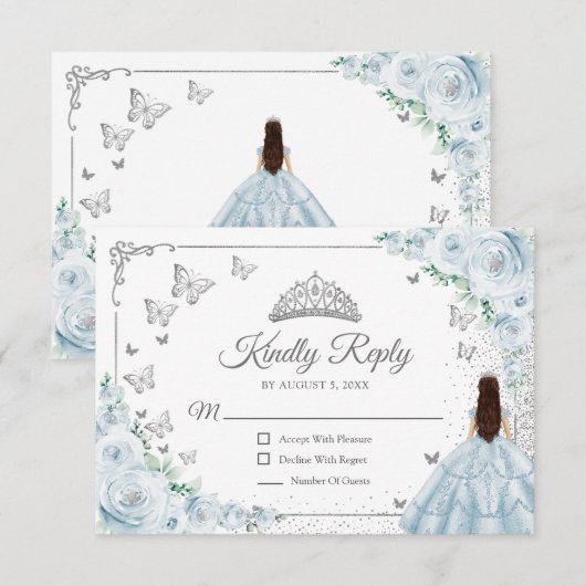 Elegant Chic Baby Blue Silver Quinceanera Reply 出欠カード (正面/裏面)