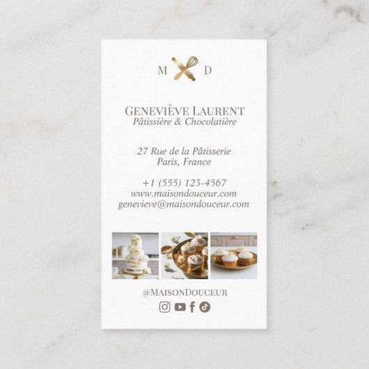 Elegant Chic Bakery Stripes & Gold Whisk Photo  名刺 (裏面)