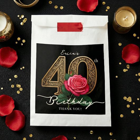 Elegant Chic Black Gold 40th Birthday Red Rose フェイバーバッグ