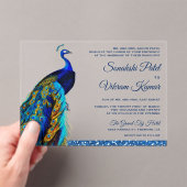 Elegant Chic Blue Glitter Peacock Indian Wedding アクリル招待状 (インサイチュ (ポータブル))