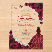 Elegant Chic Burgundy Roses Gold Quinceanera  アクリル招待状 (正面)
