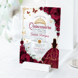Elegant Chic Burgundy Roses Gold Quinceanera  アクリル招待状