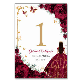 Elegant Chic Burgundy Roses Gold Quinceanera テーブルナンバー