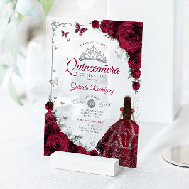 Elegant Chic Burgundy Roses Silver Quinceanera  アクリル招待状