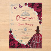 Elegant Chic Burgundy Roses Silver Quinceanera  アクリル招待状 (正面)