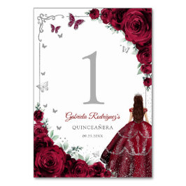 Elegant Chic Burgundy Roses Silver Quinceanera テーブルナンバー
