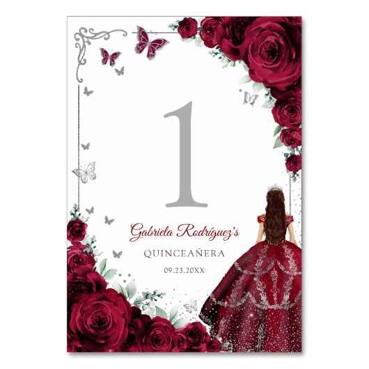 Elegant Chic Burgundy Roses Silver Quinceanera テーブルナンバー (正面)