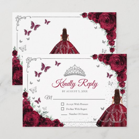 Elegant Chic Burgundy Silver Quinceanera Reply 出欠カード (正面/裏面)