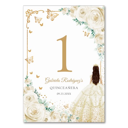 Elegant Chic Champagne Ivory Gold Quinceanera テーブルナンバー (正面)