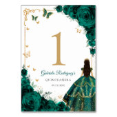 Elegant Chic Emerald Green Roses Gold Quinceanera テーブルナンバー (裏面)