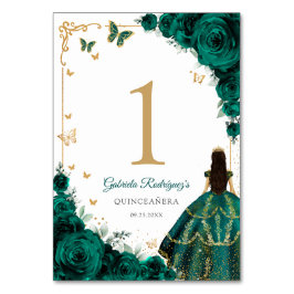 Elegant Chic Emerald Green Roses Gold Quinceanera テーブルナンバー