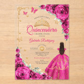 Elegant Chic Fuchsia Pink Roses Gold Quinceanera  アクリル招待状 (正面)