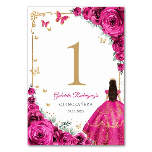 Elegant Chic Fuchsia Pink Roses Gold Quinceanera テーブルナンバー (正面)