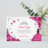 Elegant Chic Fuchsia Pink Roses Silver Quinceanera サンキューカード (スタンド正面)