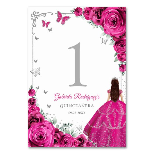 Elegant Chic Fuchsia Pink Roses Silver Quinceanera テーブルナンバー (正面)