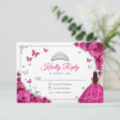 Elegant Chic Fuchsia Pink Silver Quinceanera Reply 出欠カード (スタンド正面)