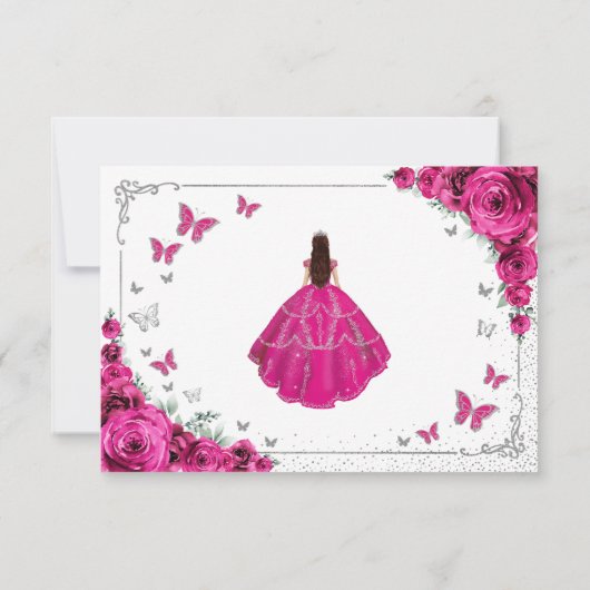 Elegant Chic Fuchsia Pink Silver Quinceanera Reply 出欠カード (裏面)